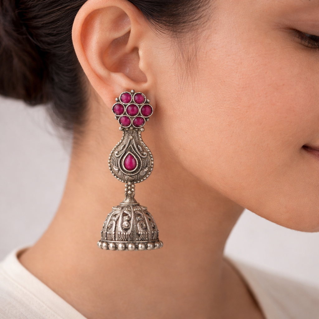 Kamini- Silver Brass Oxidised Jhumka earrings