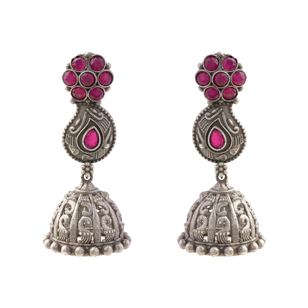 Kamini- Silver Brass Oxidised Jhumka earrings