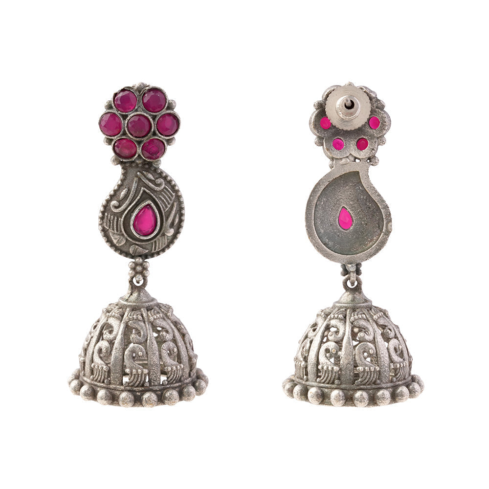 Kamini- Silver Brass Oxidised Jhumka earrings