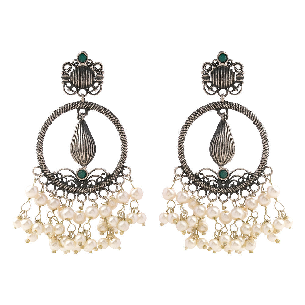 Ghoomar- Silver Brass Pearl dangler earrings(Green)