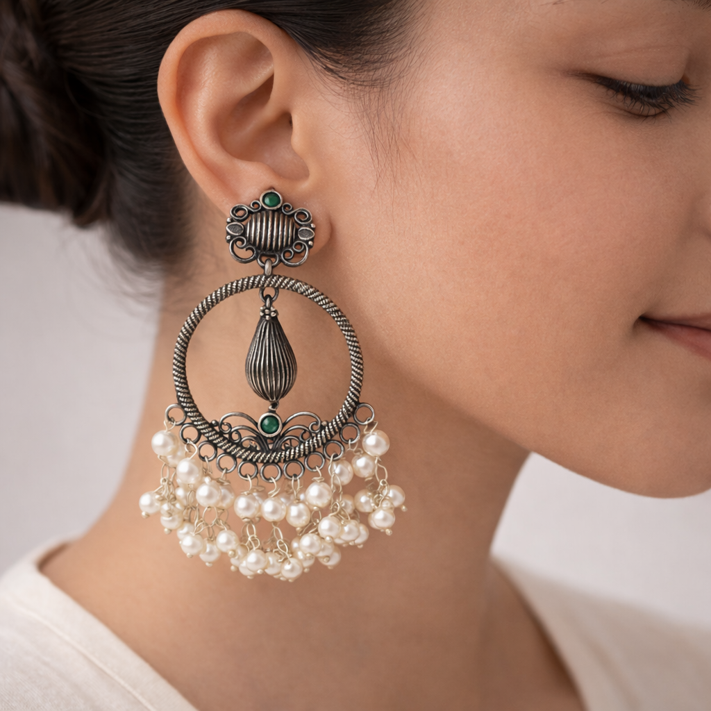 Ghoomar- Silver Brass Pearl dangler earrings(Green)