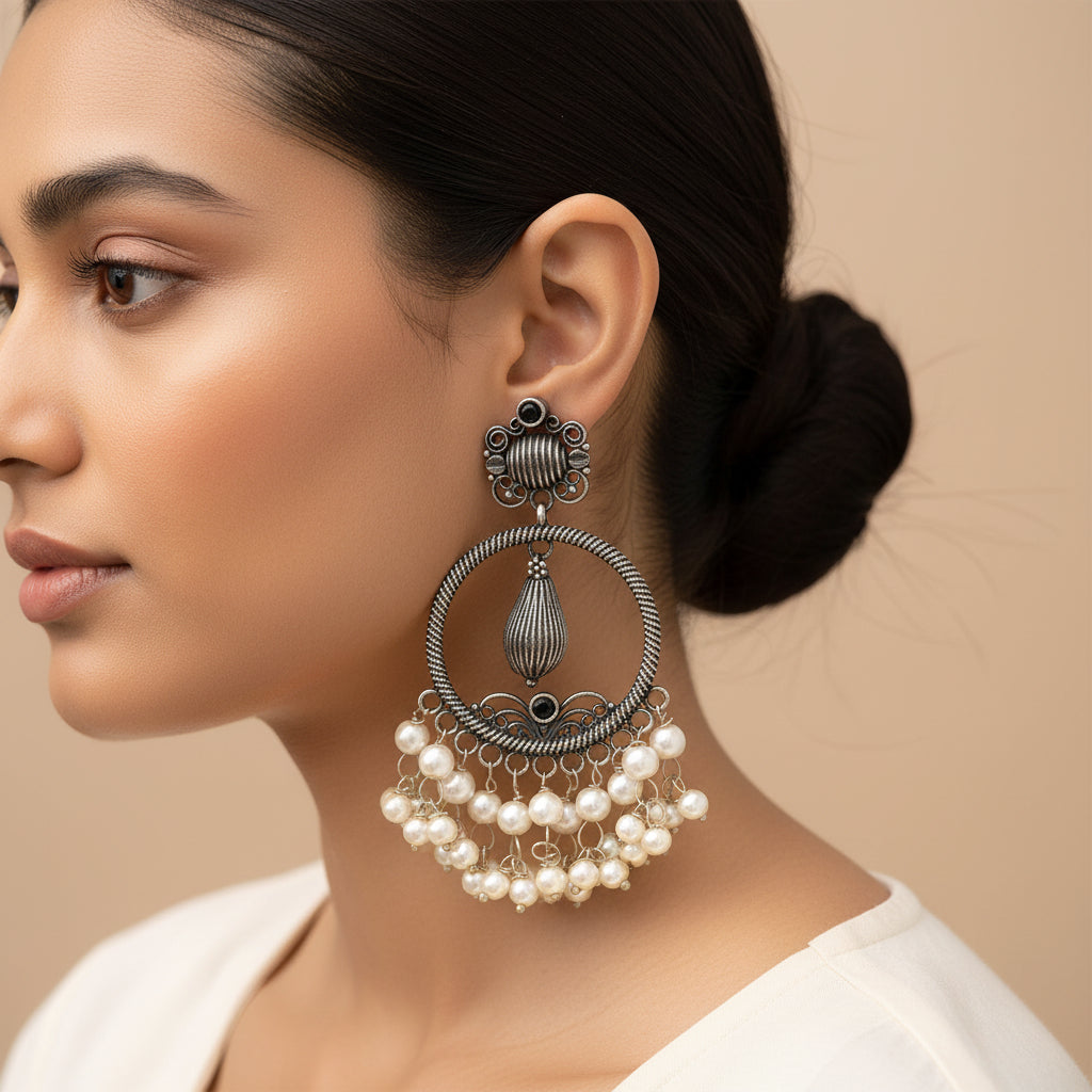 Ghoomar- Silver Brass Pearl dangler earrings(Black)