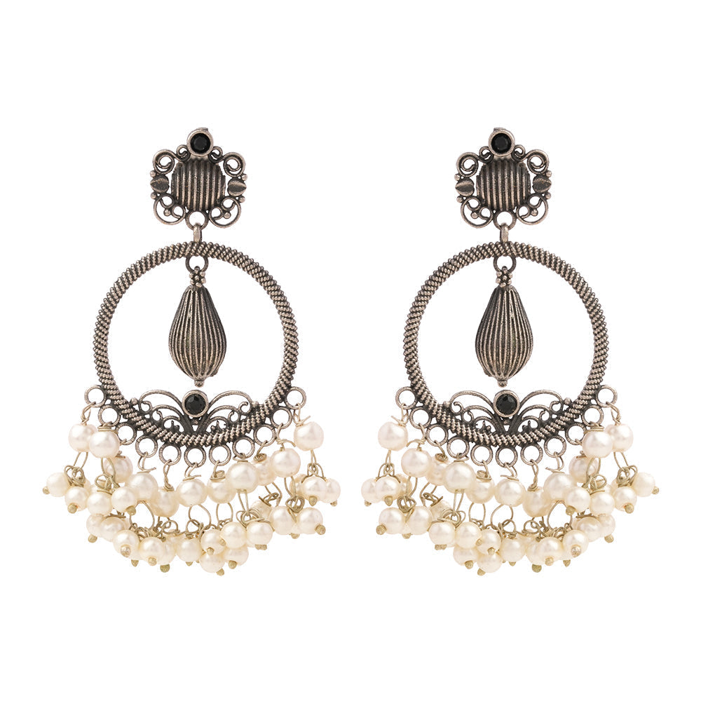 Ghoomar- Silver Brass Pearl dangler earrings(Black)
