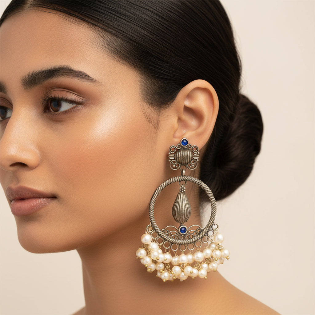 Ghoomar- Silver Brass Pearl dangler earrings(Blue)