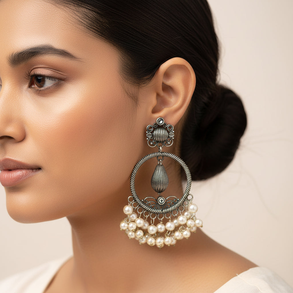 Ghoomar- Silver Brass Pearl dangler earrings(White)
