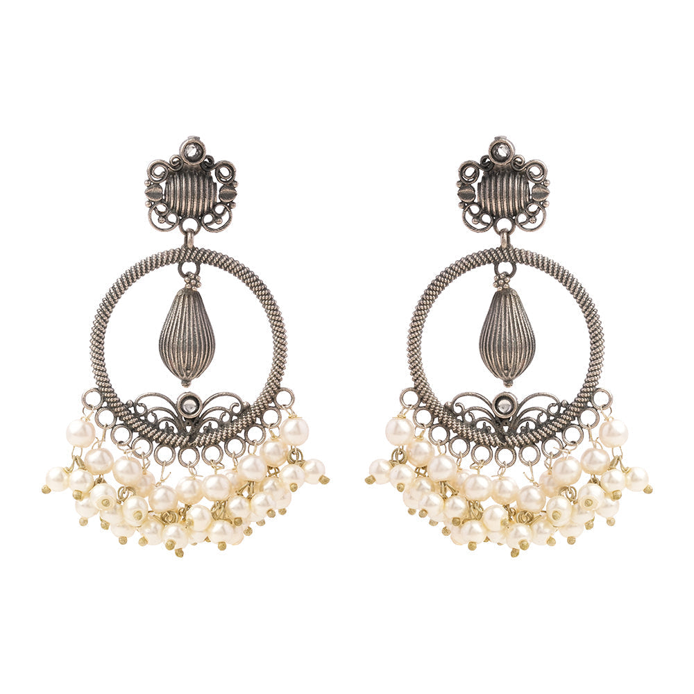 Ghoomar- Silver Brass Pearl dangler earrings(White)