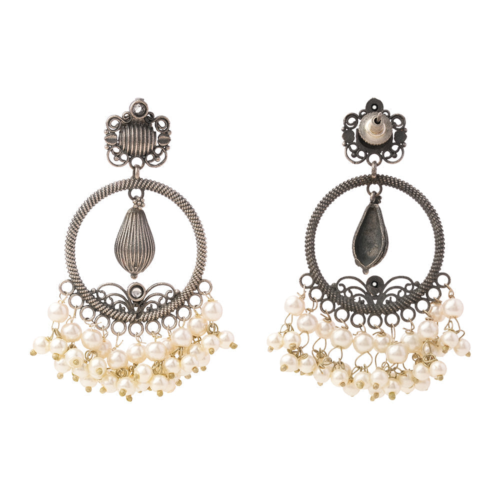 Ghoomar- Silver Brass Pearl dangler earrings(White)