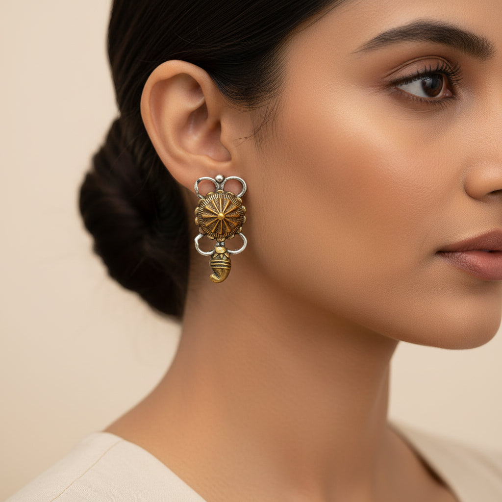 Gajraj- Silver Brass Oxidised stud earrings