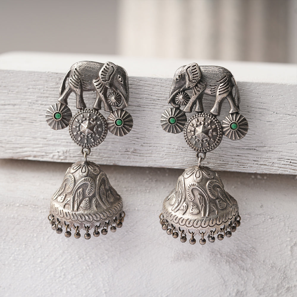 Hastini- Silver Brass Oxidised Jhumka earrings
