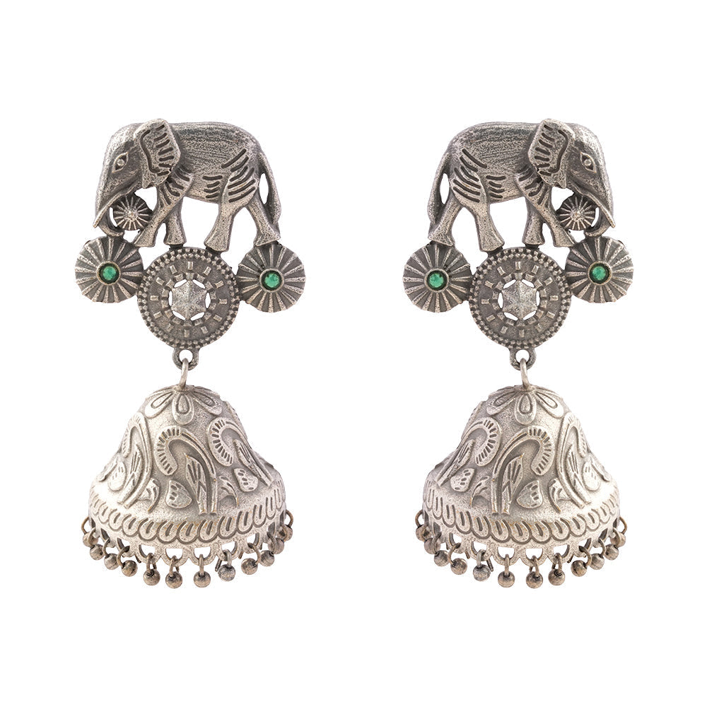 Hastini- Silver Brass Oxidised Jhumka earrings