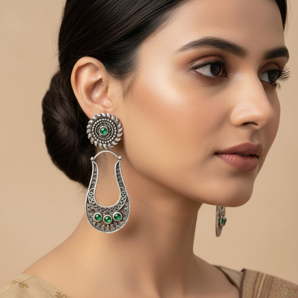 Nupura- Silver Brass Oxidised dangler earrings(Green)