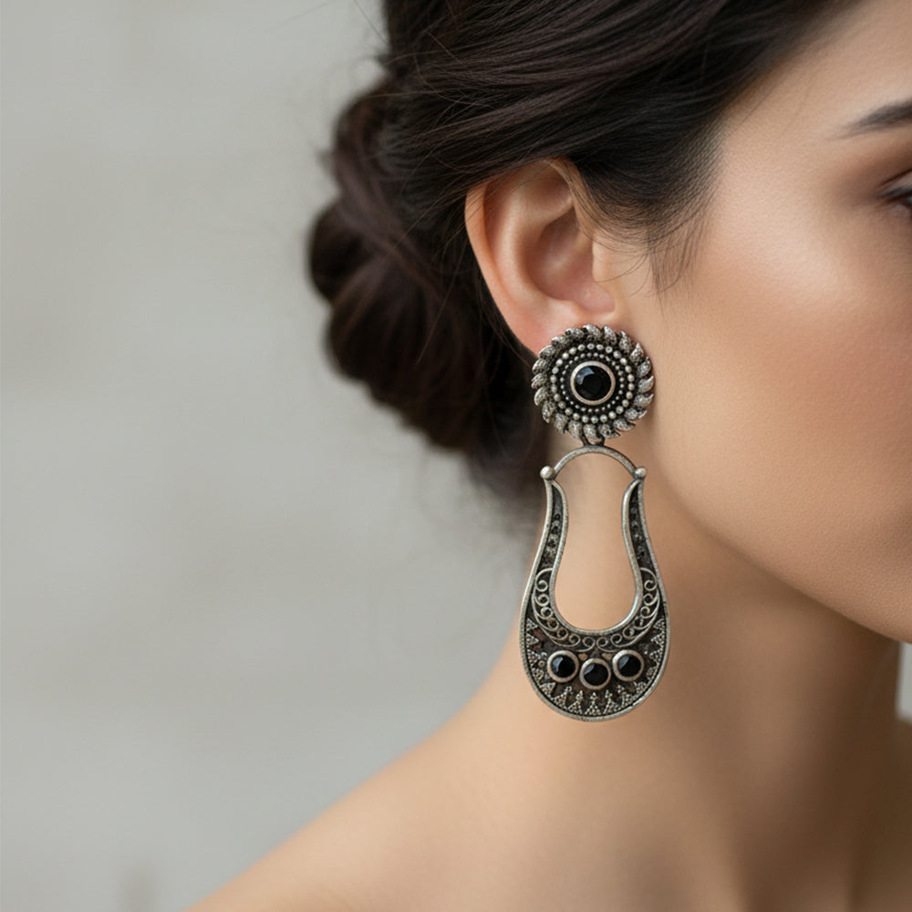 Nupura- Silver Brass Oxidised dangler earrings(Black)
