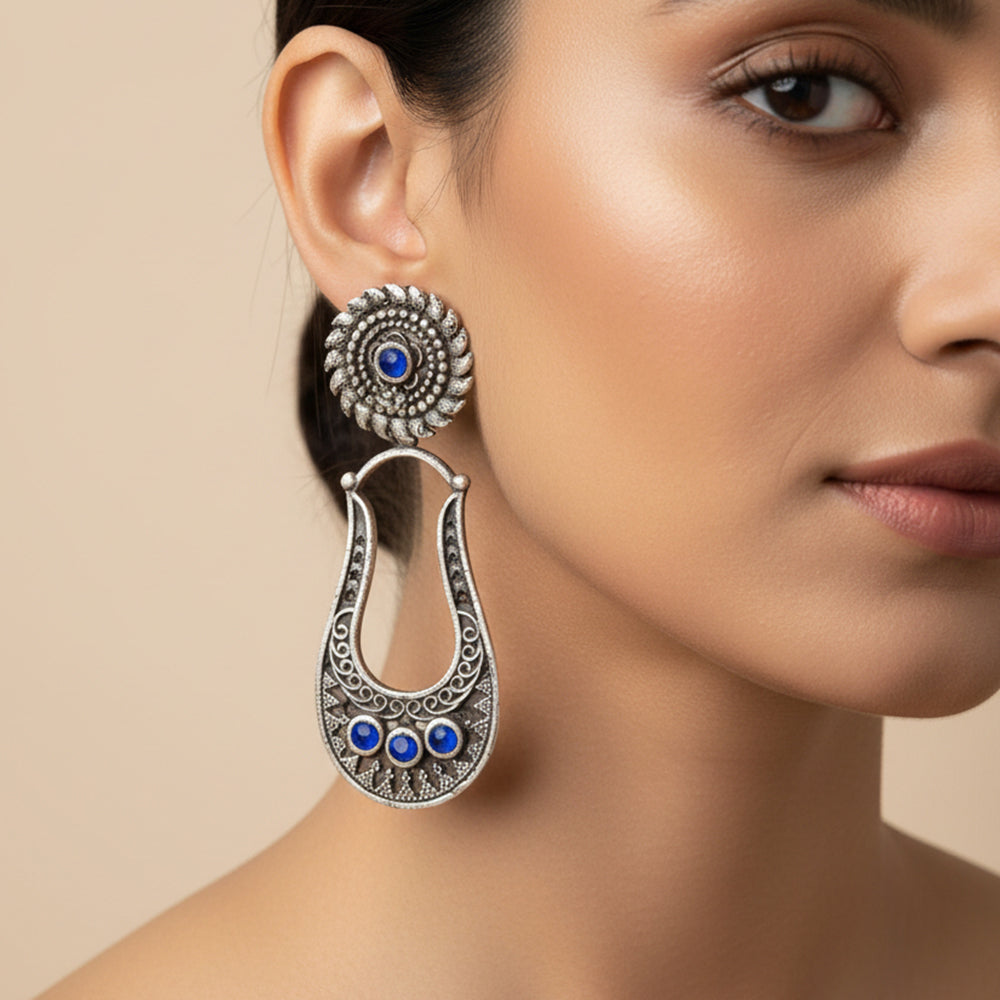 Nupura- Silver Brass Oxidised dangler earrings(Blue)