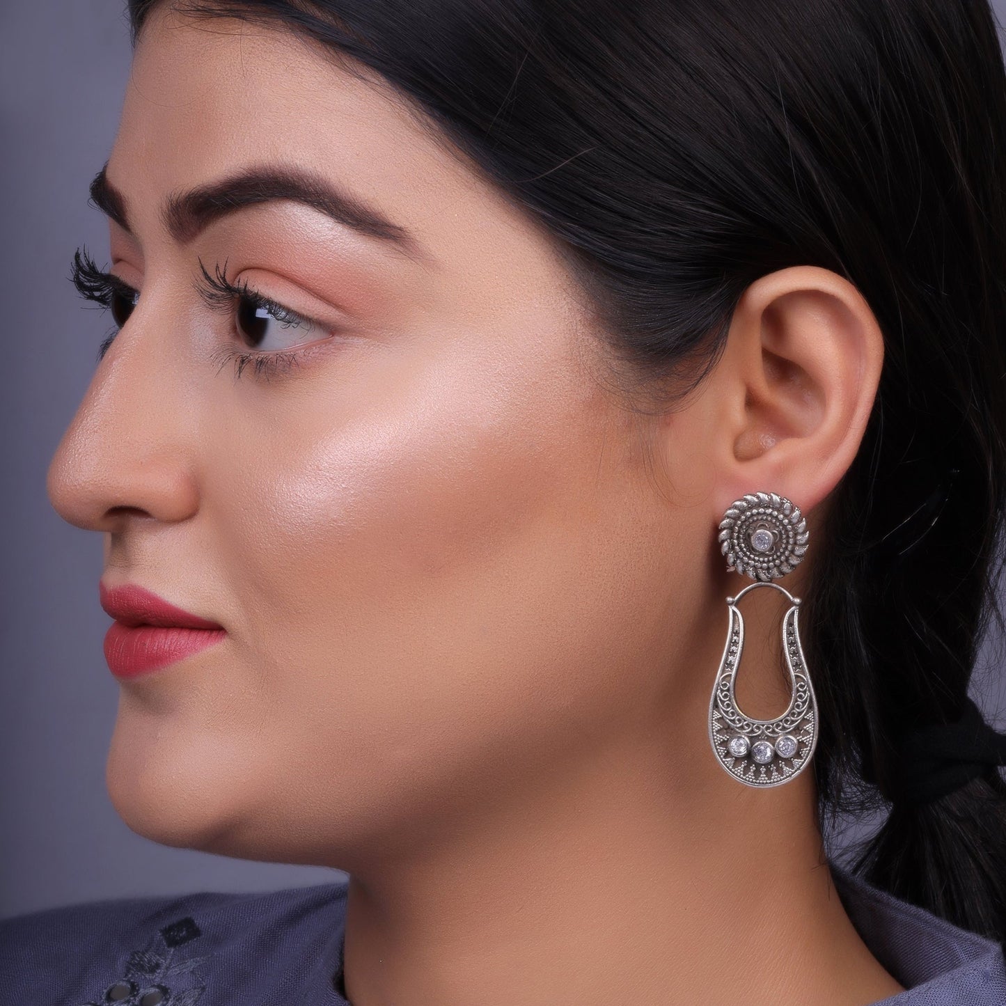Nupura- Silver Brass Oxidised dangler earrings(White)