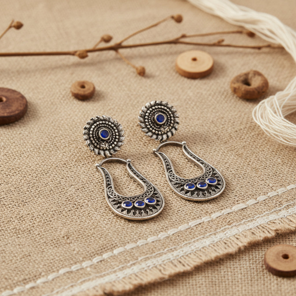 Nupura- Silver Brass Oxidised dangler earrings(Blue)