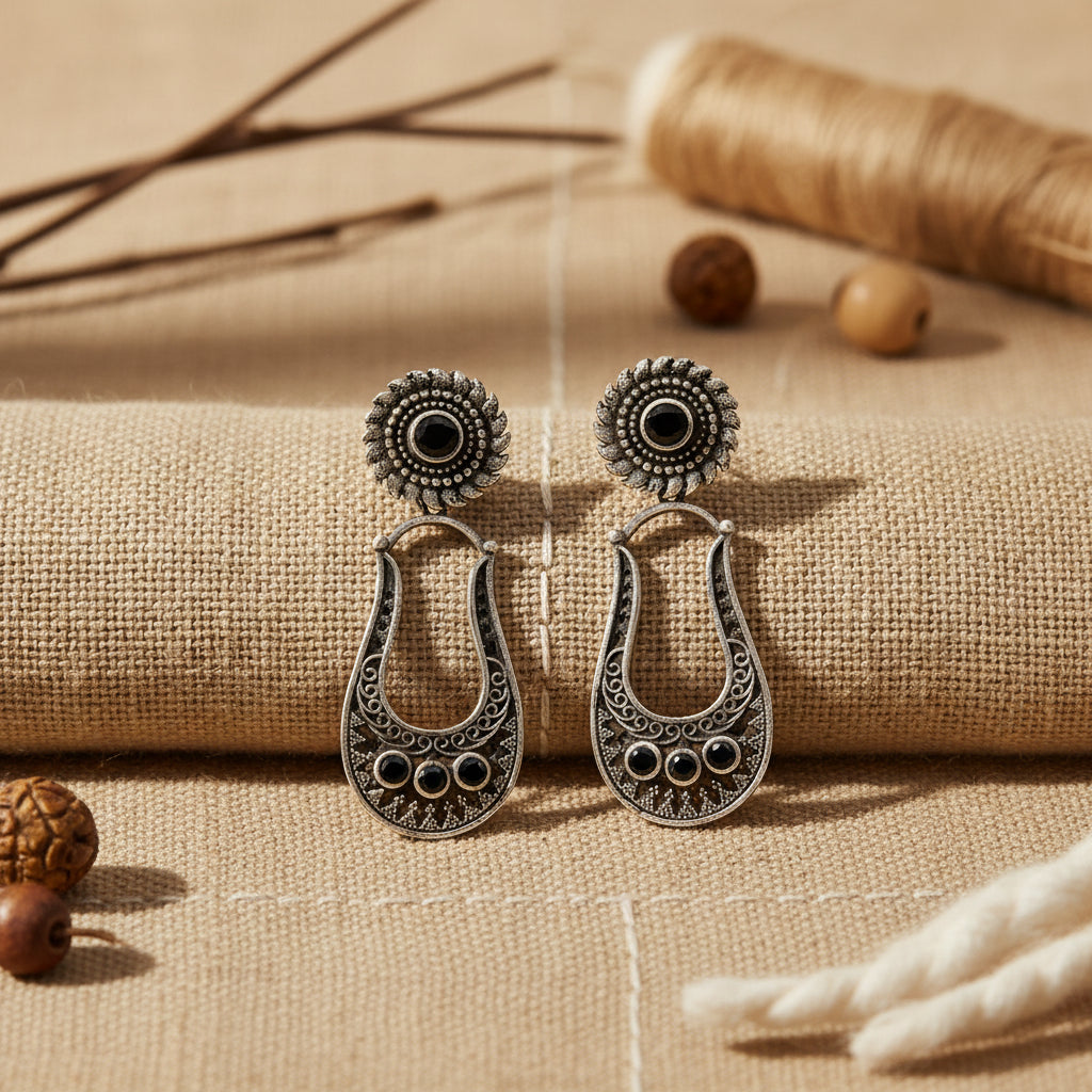 Nupura- Silver Brass Oxidised dangler earrings(Black)