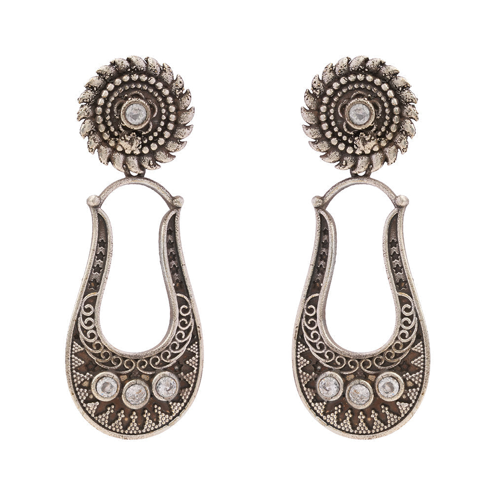 Nupura- Silver Brass Oxidised dangler earrings(White)