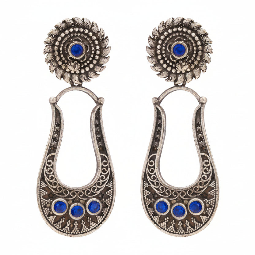 Nupura- Silver Brass Oxidised dangler earrings(Blue)