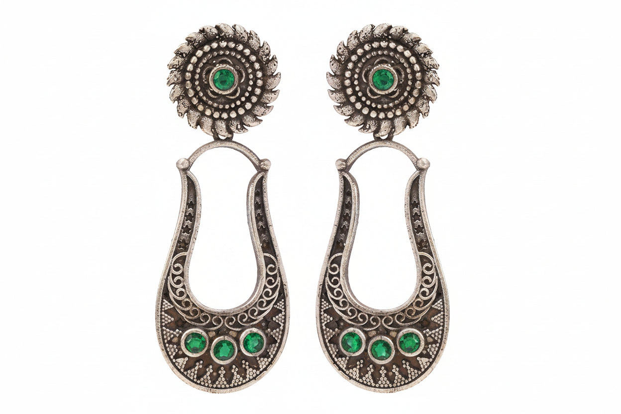 Nupura- Silver Brass Oxidised dangler earrings(Green)
