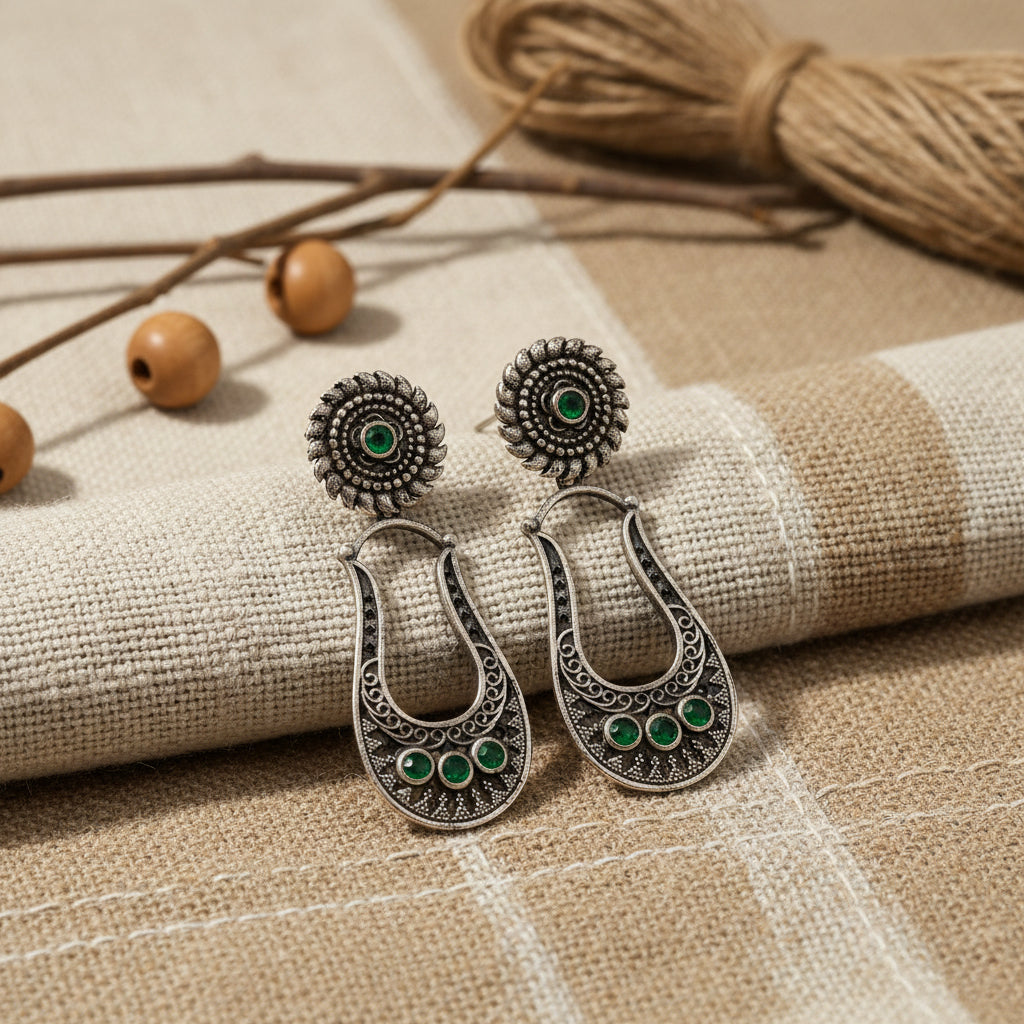 Nupura- Silver Brass Oxidised dangler earrings(Green)