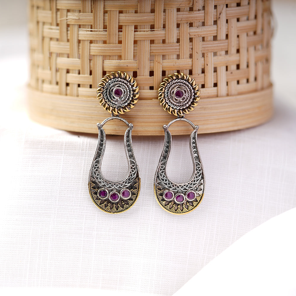 Nupura- Nupura- Silver Brass Oxidised dangler earrings(Red)
