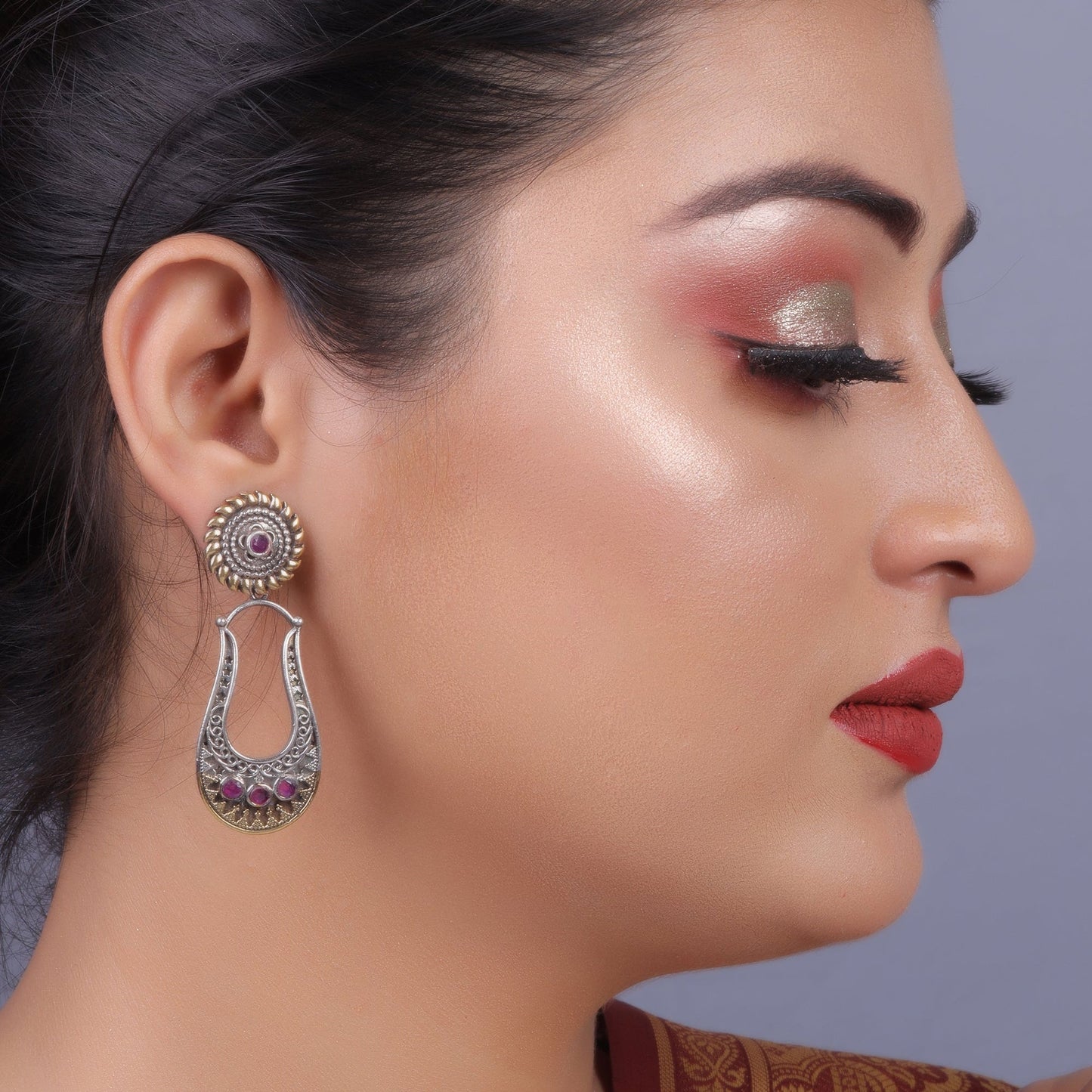 Nupura- Nupura- Silver Brass Oxidised dangler earrings(Red)