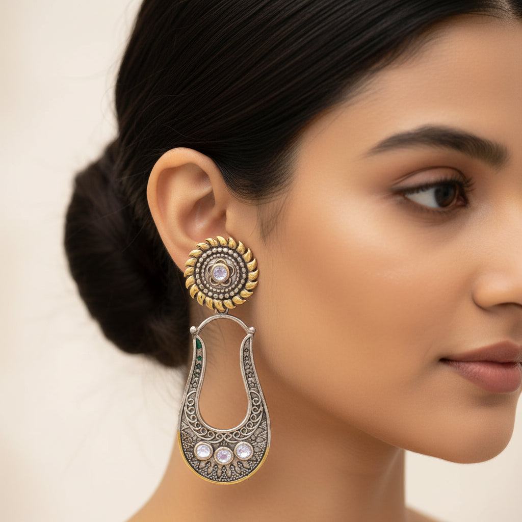 Nupura- Nupura- Silver Brass Oxidised dangler earrings(White)