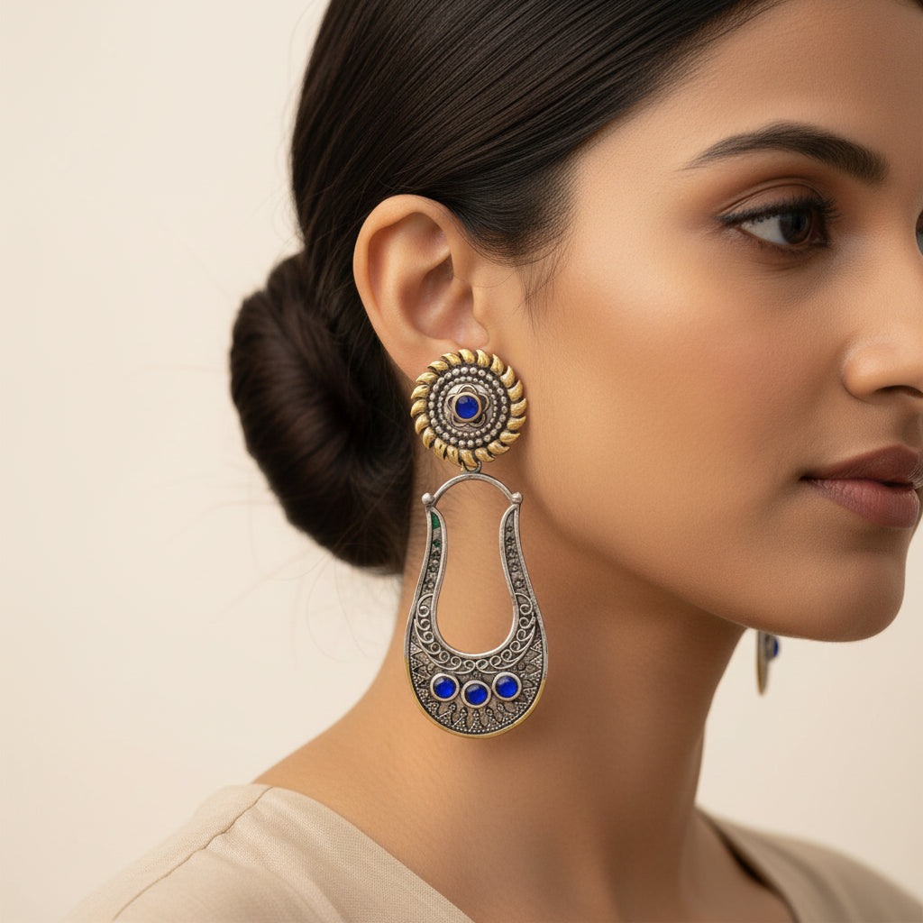 Nupura- Nupura- Silver Brass Oxidised dangler earrings(Blue)