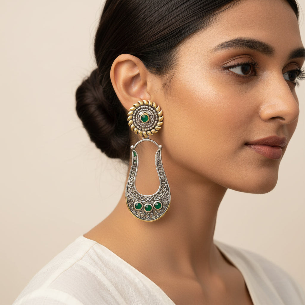 Nupura- Nupura- Silver Brass Oxidised dangler earrings(Green)