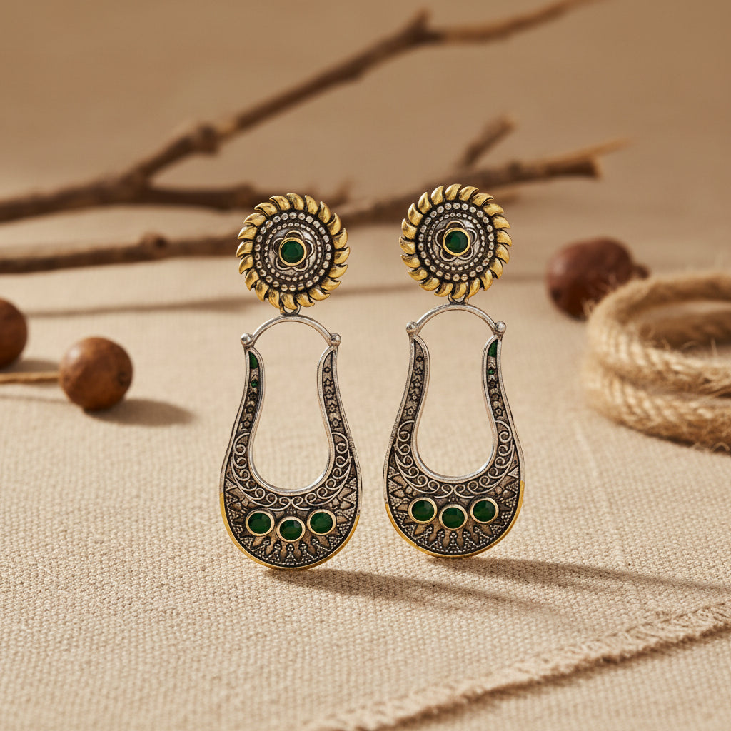 Nupura- Nupura- Silver Brass Oxidised dangler earrings(Green)