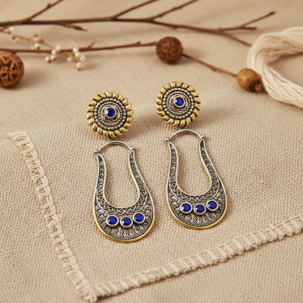 Nupura- Nupura- Silver Brass Oxidised dangler earrings(Blue)