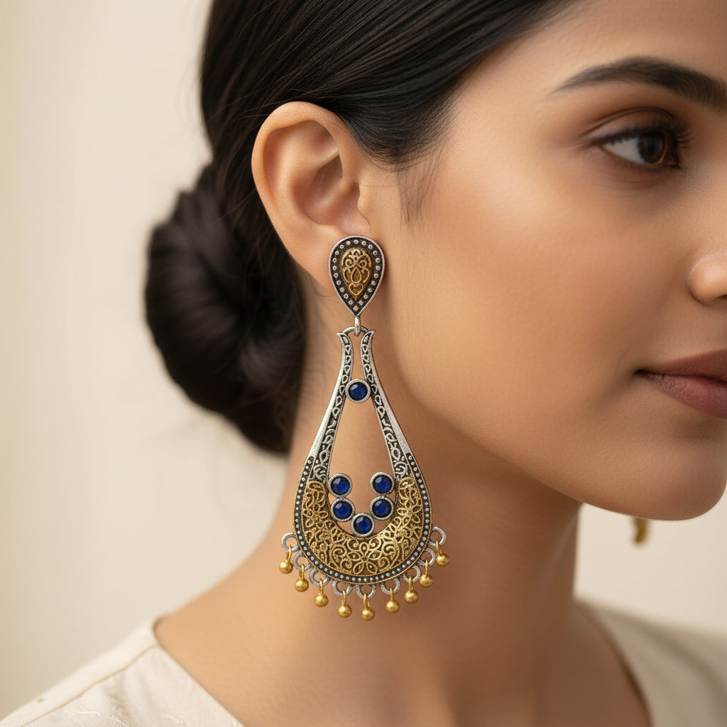 Jhankaar- Silver Brass Oxidised dangler earrings