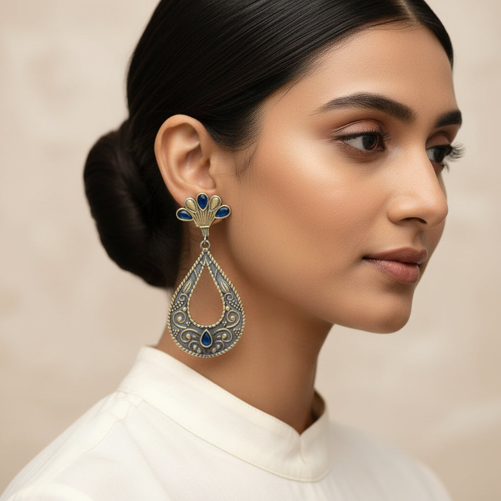 Neeranjali- Silver Brass Oxidised dangler earrings