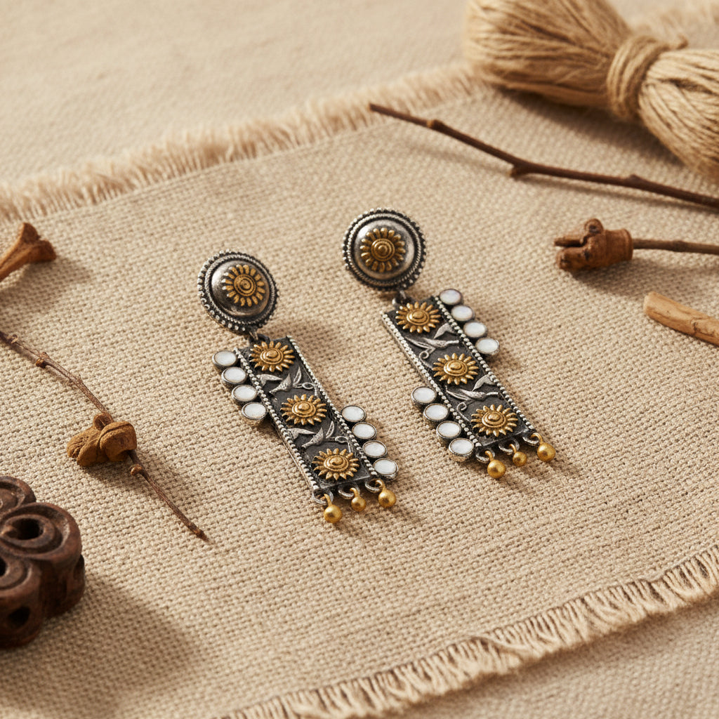 AyatNoor- Silver Brass Oxidised dangler earrings (White)