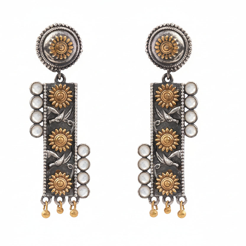 AyatNoor- Silver Brass Oxidised dangler earrings (White)