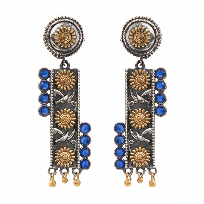 AyatNoor- Silver Brass Oxidised dangler earrings (Blue)