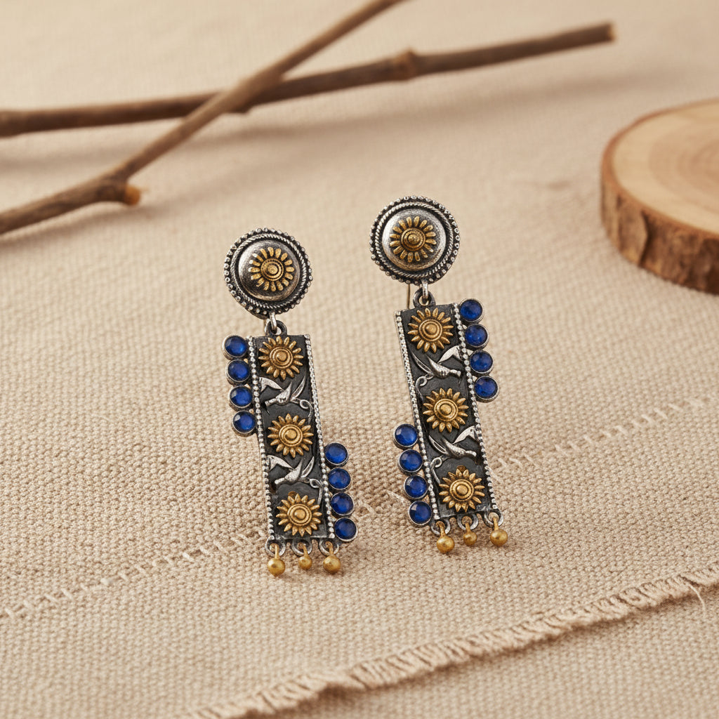 AyatNoor- Silver Brass Oxidised dangler earrings (Blue)