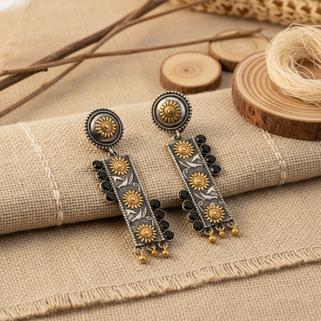 AyatNoor- Silver Brass Oxidised dangler earrings (Black)