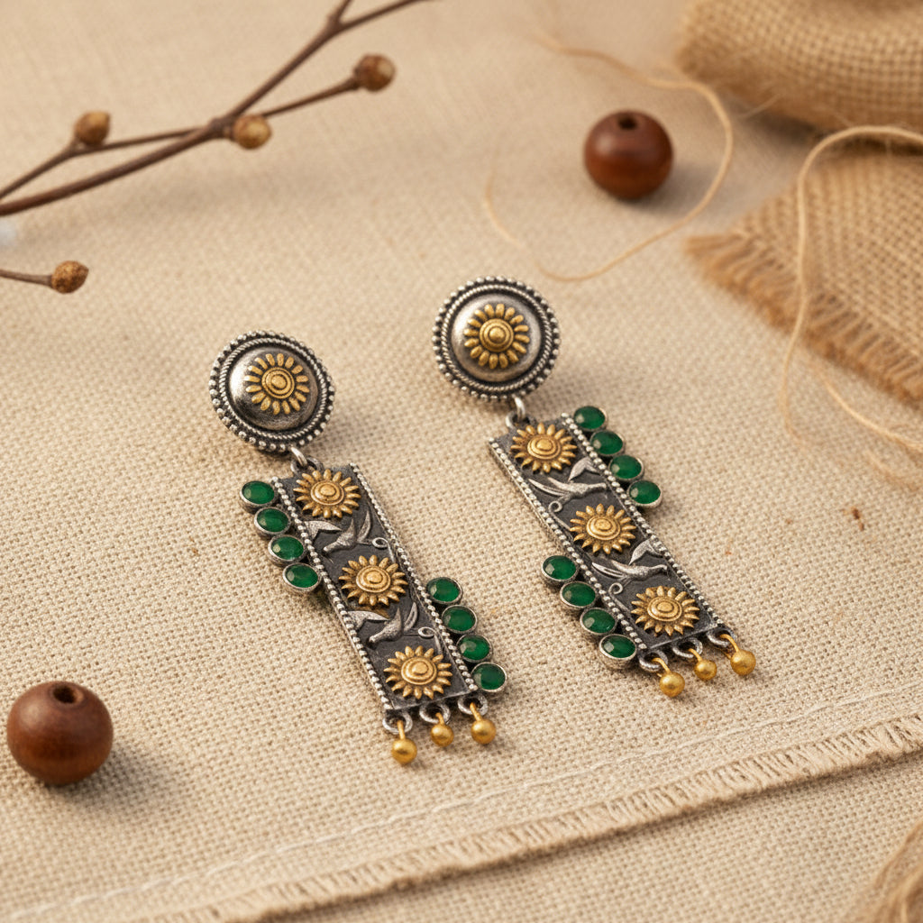 AyatNoor- Silver Brass Oxidised dangler earrings (Green)