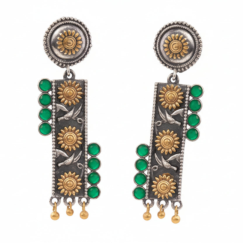 AyatNoor- Silver Brass Oxidised dangler earrings (Green)