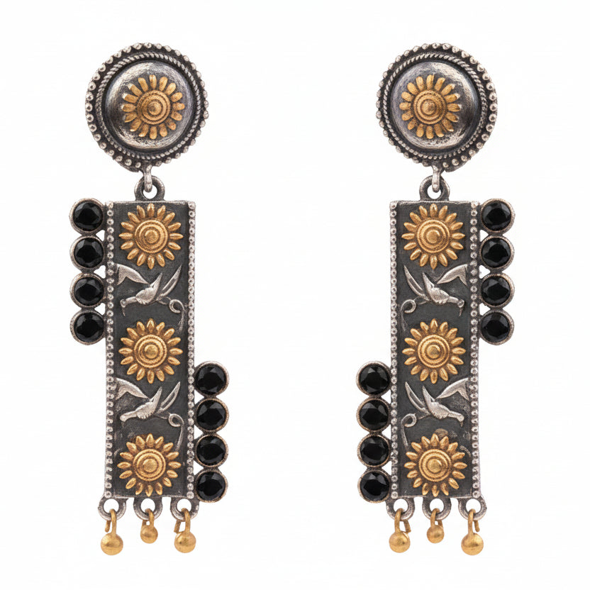 AyatNoor- Silver Brass Oxidised dangler earrings (Black)