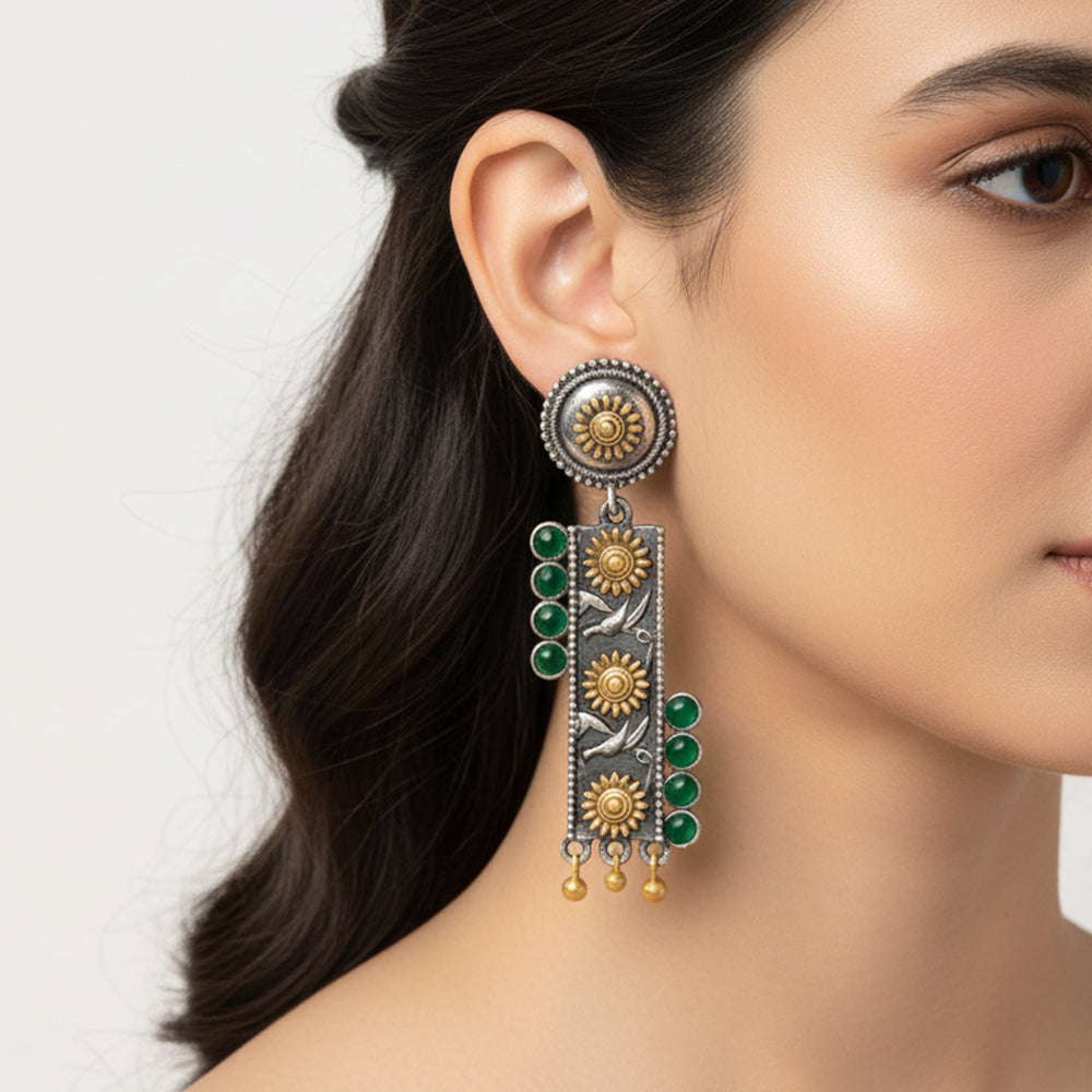 AyatNoor- Silver Brass Oxidised dangler earrings (Green)