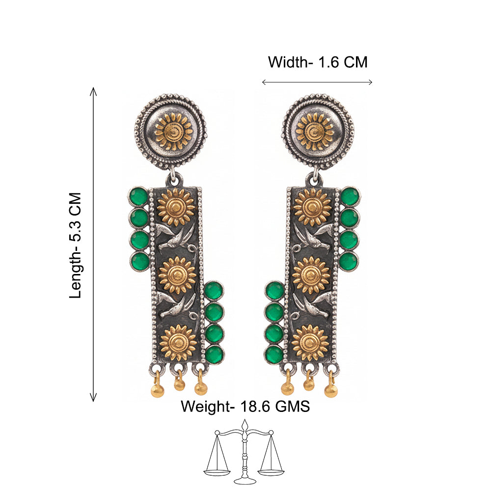 AyatNoor- Silver Brass Oxidised dangler earrings (Green)