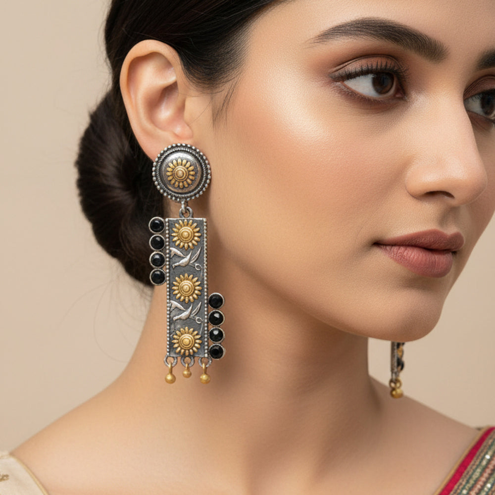 AyatNoor- Silver Brass Oxidised dangler earrings (Black)