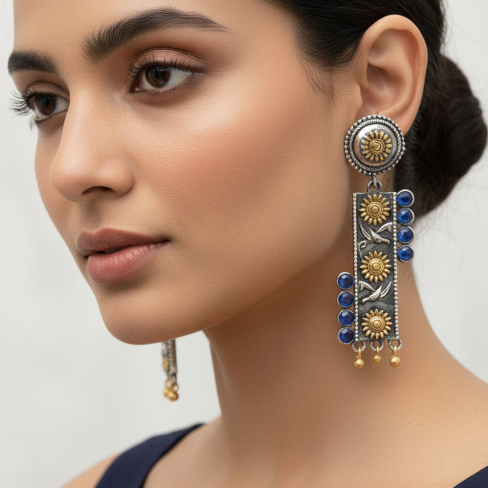 AyatNoor- Silver Brass Oxidised dangler earrings (Blue)