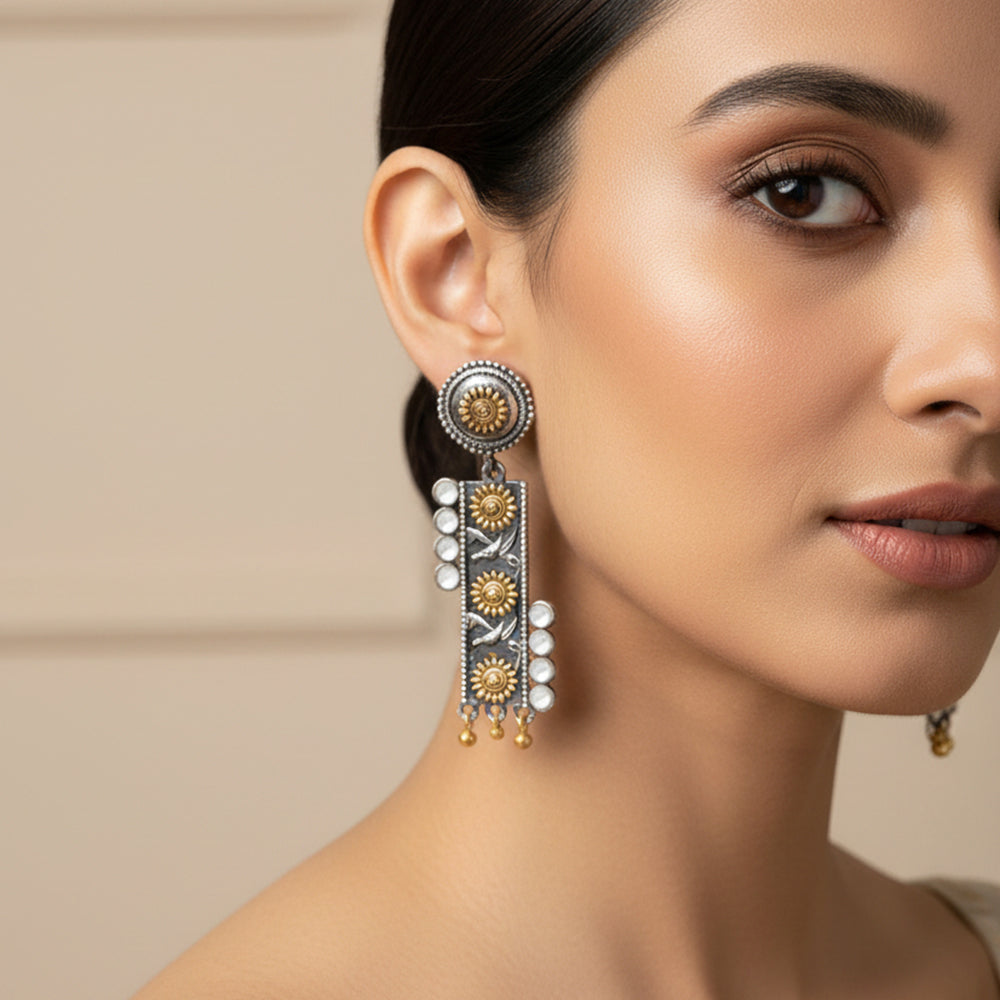 AyatNoor- Silver Brass Oxidised dangler earrings (White)