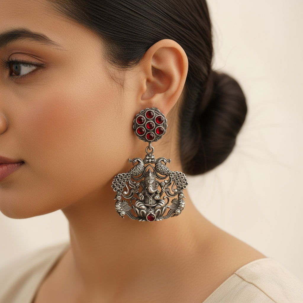 Gajanana- Silver Brass Oxidised dangler earrings(Red)