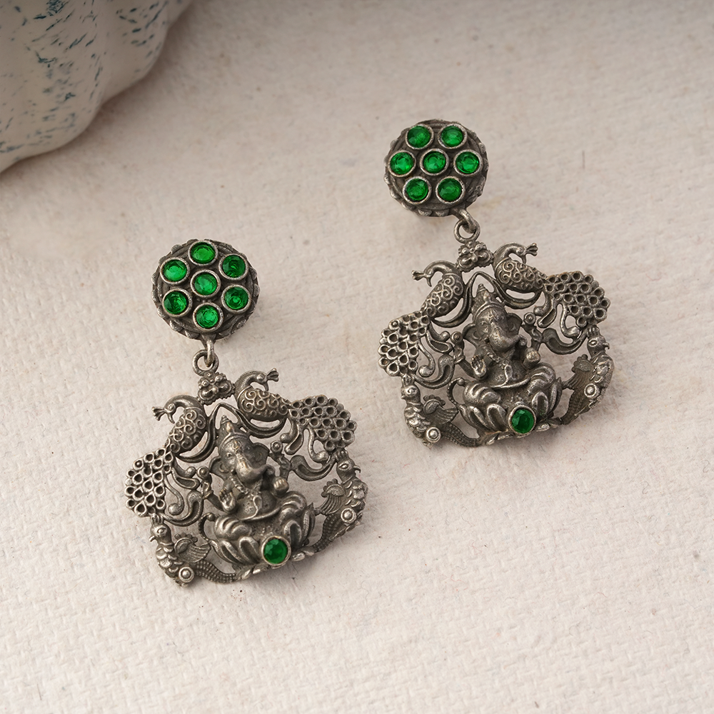 Gajanana- Silver Brass Oxidised dangler earrings(Green)