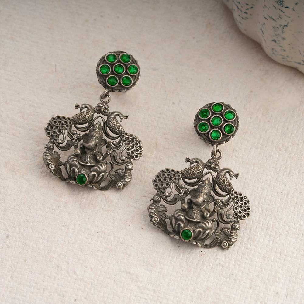 Gajanana- Silver Brass Oxidised dangler earrings(Green)