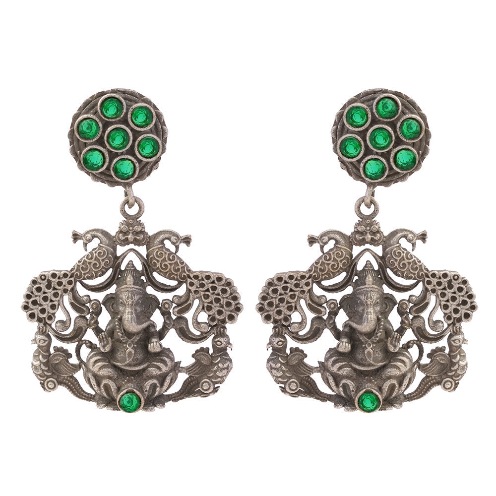 Gajanana- Silver Brass Oxidised dangler earrings(Green)